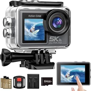 Action Cam 5K/4K, 50MP 30M/98FT Waterproof Underwater Camera with 64GB SD Card, IS, WiFi, 170° Ultra Wide Angle Action Camera – Ideal for Bike, Snorkelling, Motorcycle, Helmet Camera