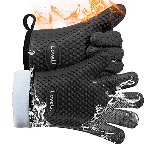 Loveuing Grillhandschuhe – Doppelschicht Backhandschuhe aus Silikon und Baumwolle - Hitzebeständige Handschuhe/Ofenhandschuhe/Kochhandschuhe/Flexible Küchenhandschuhe - Perfekt zum BBQ Backen
