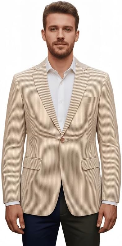 Men’s Vertical Striped Seersucker Blazer Notch Lapel Single Button Jacket