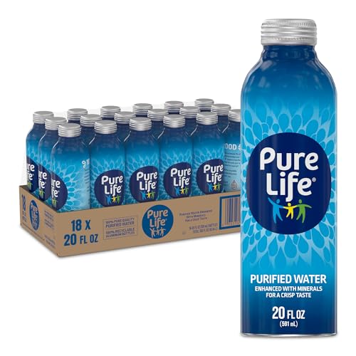Pure Life Purified Bottled Water, 18-Pack - Still Bottled Drinking Water Enhanced with Minerals for a Crisp Taste, Aluminum Bottles - 20 fl oz