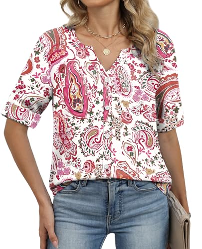 Image of OFEEFAN Button Down Shirts for Women 3 /4 Length Sleeve Tops V Neck Blouses Business Casual Outfits Loose Fit