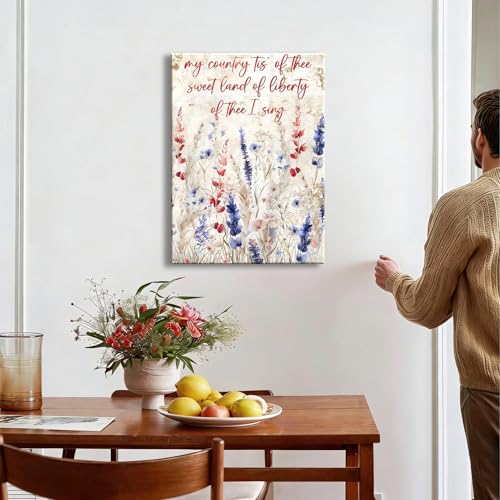 Image of Made in USA Patriotic Framed Canvas Wall Art, My Country Tis of Thee Quote Canvas Print, Red White Blue Floral Wall Decor for 4th of July, Independence Day Home Decoration,24x36in