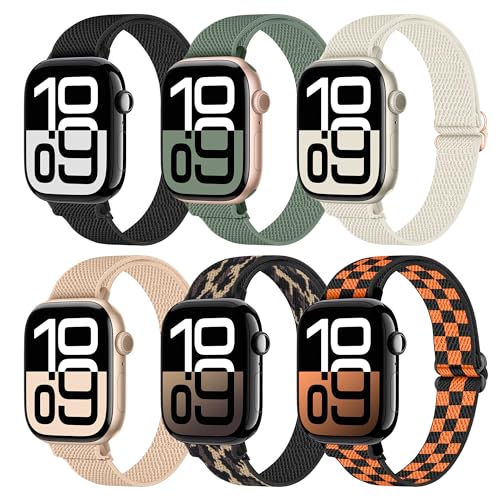 6 Pack Slim Stretchy Bands Compatible with Apple Watch Band 40mm 41mm 42mm 38mm 44mm 45mm 46mm 49mm Women Men, Soft Fashion Nylon Braided Elastic Strap for iWatch Series 11 10 SE 9 8 7 6 5 4 3 2 1 Ultra 2 (6color-02, 42MM(Series 3)/44MM/45MM/46MM/49MM)