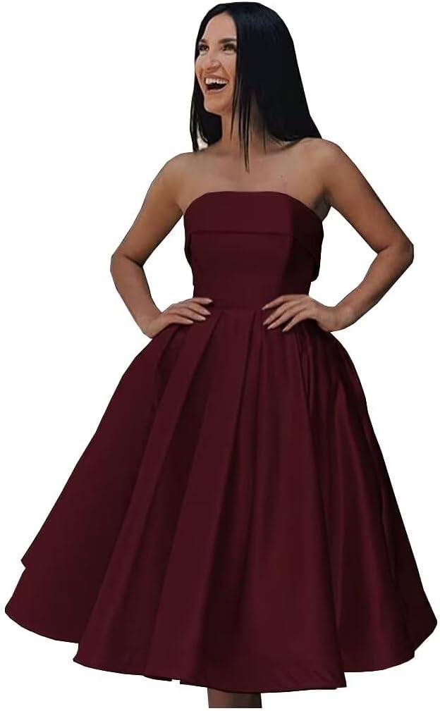 Women's Short A-line Satin Homecoming Dresses for Teens Strapless Sexy Backless Prom Cocktail Mini Dress