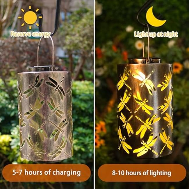 Solar Lanterns Outdoor Hanging Lights, Dragonfly Hollow Decor, Metal Waterproof Decorative Lanterns for Garden Patio Yard Lawn Backyard Front Porch as Gifts for Mom Grandma Women