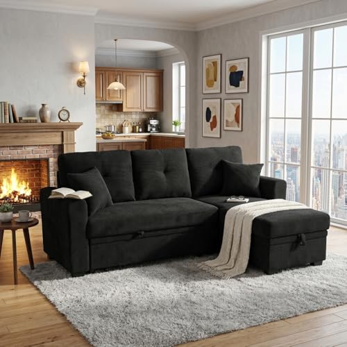 Image of KEIKI 71 inch Sleeper L Shaped Sofa with Pull Out Bed, 3 Seater Sectional Sleeper Sofa with Reversible Chaise, Modular Sectional Sofa with Storage for Living Room, Black