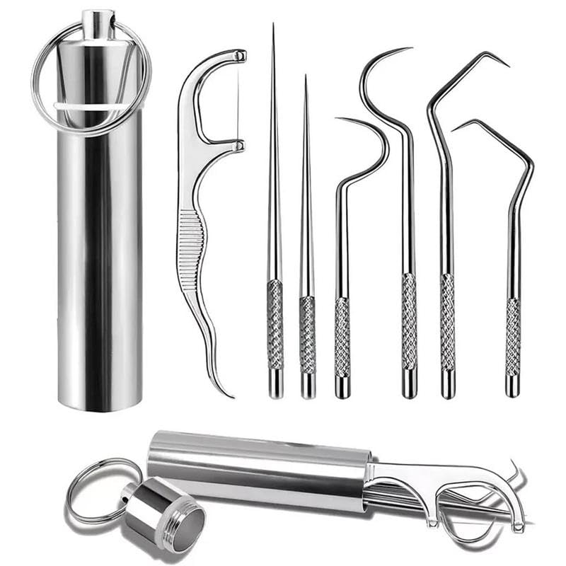 Stainless Steel Toothpick Pocket Set Dental Floss Pick Reusable Teeth Cleaning Tools Kit with Holder for Outdoor Picnic