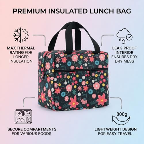 Image of Toy Imagine 5.6L Insulated Lunch Bag for Kids School Cute Cartoon Print Tiffin Bag Snack Tote Bag Compact Portable Leak Proof Tiffin Pouch Hot and Cold Lunch Box Bag for Boys & Girls (Floral Garden Design)