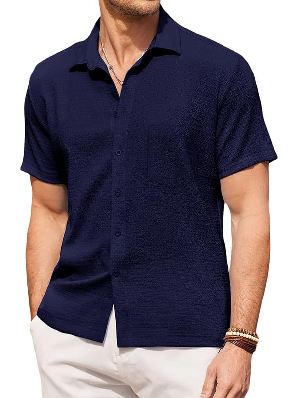 Image of Pinkmint Men's Popcorn Shirt Comfortable Short Sleeve Shirt's Casual Textured Shirt (Pack of 1) Pink