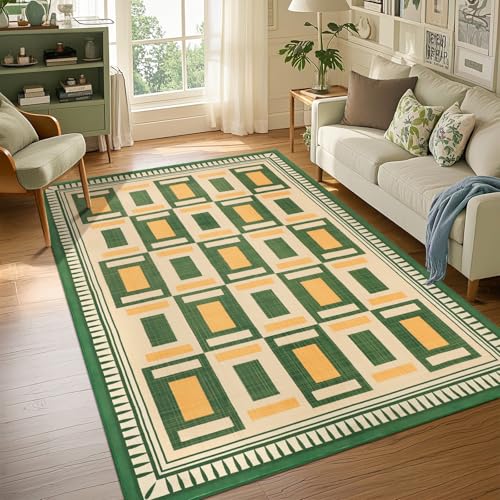 nesrt Washable 5x7 Area Rugs for Living Room Checkered, Modern Geometric Bedroom Rug with Non-Slip Backing, Green and Yellow Soft Low Pile Large Floor Carpet for Dining Room Nursery Playroom