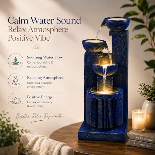 Image of 3 Feet Natural Fiber Water Fountain for Home Decor with LED Light | Indoor & Outdoor Floor Standing Waterfall Fountain | Large Decorative Water Feature for Living Room, Garden & Office