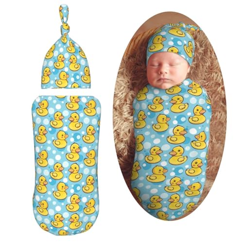 Image of Kawaii Happy Duck Newborn Swaddle Blankets Hat Sets Soft Baby Receiving Blanket Swaddle Sack for Baby Shower Infant Boy Girl Gift