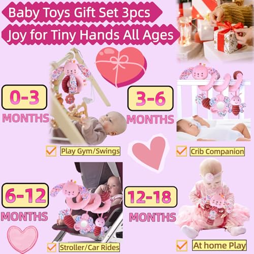 Image of Baby Spiral Car Seat Toys for Babies 0-6 Months Girl, Stroller Hanging Stuffed Animal Carseat Crinkle Rabbit Toy 0-3-4-5-6-7-8-9-12 Month, Newborn Infant Toddler Birthday Gifts Set Bunny 3PCS