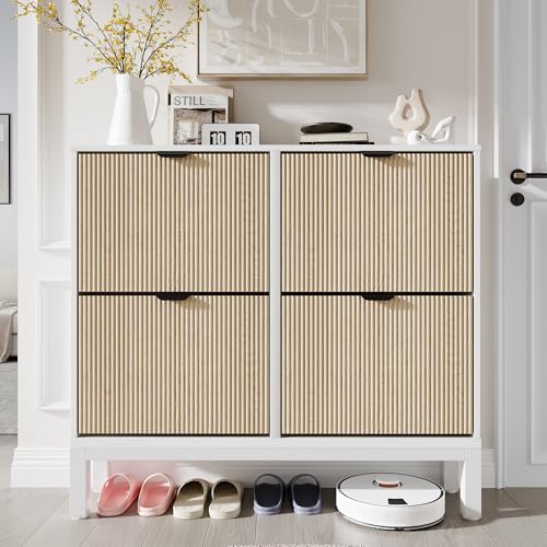 GarveeHome Fluted Shoe Storage Cabinet with 4 Flip Drawers, Narrow Wooden Shoe Organizer with Metal Legs, Modern Farmhouse Hidden Shoe Rack for Entryway, Hallway, White+Oak