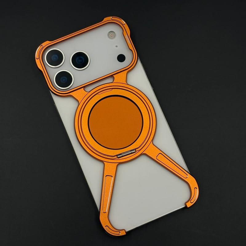 Image of X Shaped Frameless Metal Bumper Compatible with iPhone 17 Pro Max with 360 Rotate Ring Kickstand | Luxury Aluminum Armor Case | Super Slim Metal - Orange Titanium