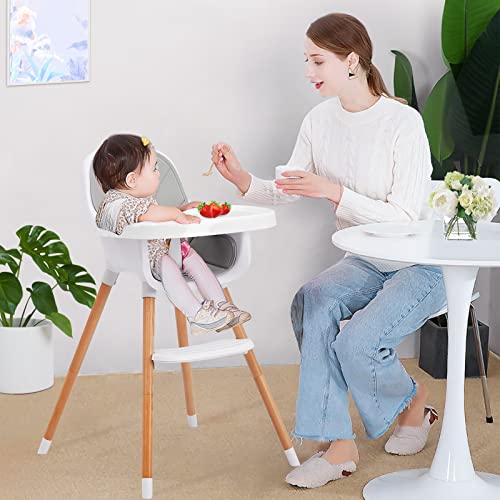 Babevy Convertible Baby High Chair, 4 In 1 Wooden Highchair/Booster/Chair With 2 Removable Tray, Adjustable Legs, 5-Point Harness, Detachable Pu Cushion, And Footrest For Baby, Infants, Toddlers #TOP7