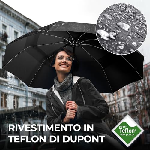 Ombrello Pieghevole Portatile Antivento da Borsa - Apri Chiudi Automatico, Teflon, 9 Stecche Rinforzate | Resistente Compatto Auto Robusto Classico Mini Viaggio Business Città Ufficio Uomo Donna, Nero - 4