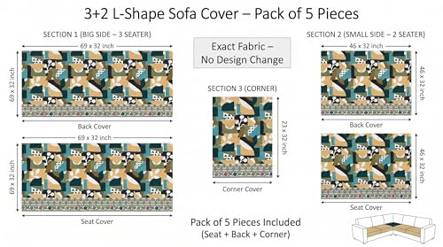Image of Luxury Sofa Cover L Shape 5 Seater - Teal Abstract Floral 3+2 Seater (5 Seater) Quilted Sofa Cover Set Pack of 5, Washable, Teal Mustard Multi