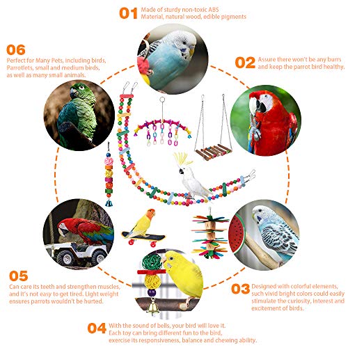 ShellKingdom Parrot Toys,Bird Hanging Wooden Ladder and Bird Hammock Chew Perches Cage Finch Toy with Bells for Bird Macaws Cockatiels Parakeets African Grey Parrot Lorikeets Conures