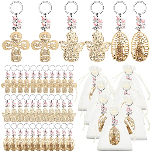 Hicarer 30 Pcs Baptism Key Ring Gift Bautizo Recuerdos De Bautizo Para Cross Wooden Keychain with Organza Bags(Pink Pearls)