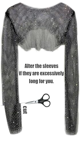 Women Rhinestone Top Black Chain Fishnet Long Sleeve Outfit - Sparkly Crystal Rave Crop Shirt, Sexy Metallic Costume with Jewelry for Festivals Concerts Raves Black Rhinestone S