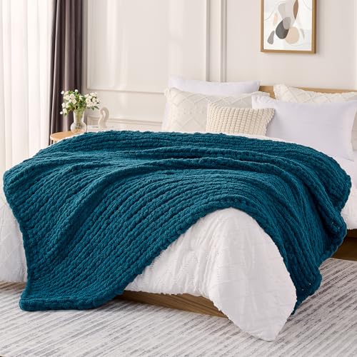 Image of L'AGRATY Chunky Knit Throw Blanket for Couch, 80'' x 90'' Knit Throw, Blue