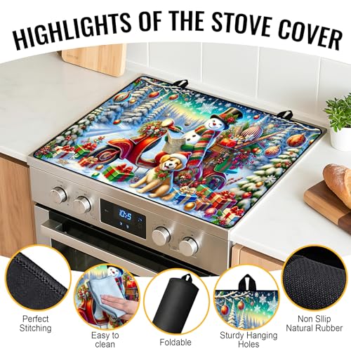 Image of NYZE Christmas Stove Top Cover for Electric Stove,Glass Stove Top Cover,Heat Resistant Glass Cooktop Cover,Stovetop Protector, Kitchen Decor,Dish Drying Mats Cover for Washer Ceramic Top 28.5x20.5 in