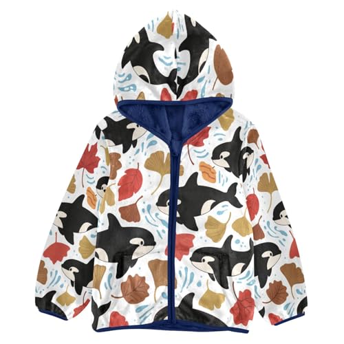 Whales and Autumn Leaves Toddler Fleece Jacket Girl Boys Hooded Fleece Jacket Coat Warm Outwear Zip-up 3-10T