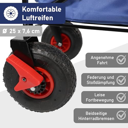 LEMODO Bollerwagen faltbar blau mit Dach, Handwagen mit Luftreifen, Leiterwagen mit 120 kg Tragkraft, Faltbollerwagen mit 2 Bremsen, Transportwagen für Hunde und Utensilien – Bild 5