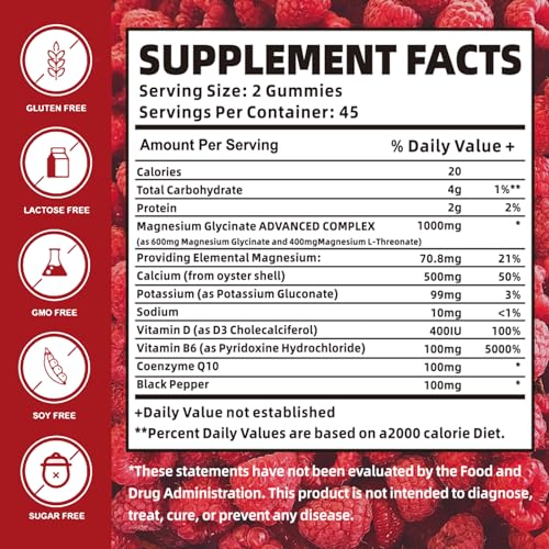 Magnesium Glycinate Gummies 1000mg with Magnesium L - Threonate,Chelated Magnesium Potassium Complex Supplement with VitD, B6, CoQ10, Calcium,Supports for Memory, Calm, Mood - 90 Gummies