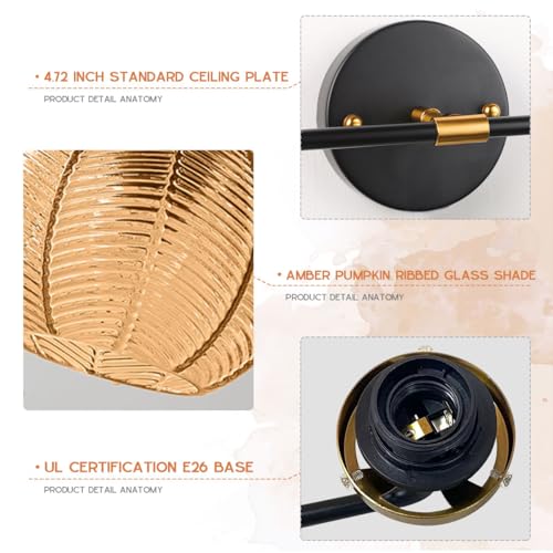 Image of Mid Century Light Fixture Bathroom Wall Sconce 2-Lights with Amber Ribbed Glass Shade Globe Wall Mount Light Modern Vanity Lights for Over Mirror Bedroom Hallway Overhead