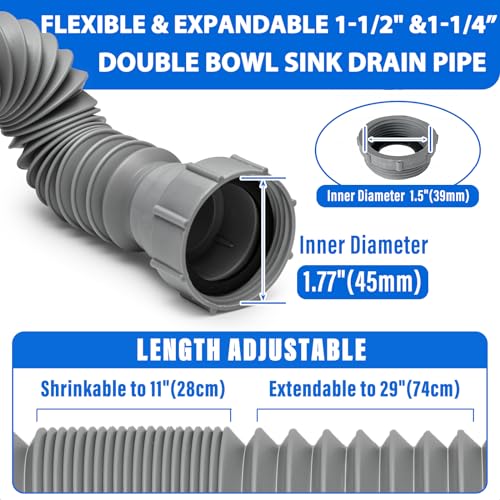 Cinsda Double Sink Drain Kit, Flexible Sink Drain Pipe 1-1/2 & 1-1/4 P Trap Fits Sink Bowl Drain, Expandable Plumbing Kit for Kitchen, Bathroom, Gray by Cinsda - Used condition - Image 2