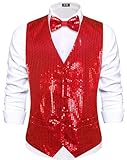 Hi-Tie Men Shiny Sequin Vest Bowtie Set Suit Vest for Men Dinner Party Prom Ball V Neck Formal Slim Fit Wedding Party,Red,Medium