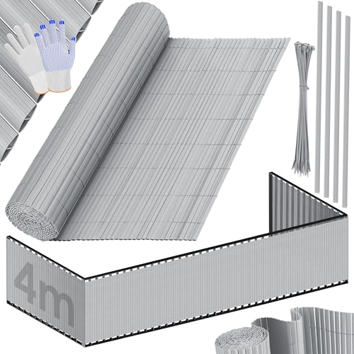 KESSER® Recinzione Privacy in PVC - 160 x 400 cm, Rivestimento per Balconi, Frangivento, Doghe Rinforzate per Giardini, Balconi e Terrazze, incl. Fascette e Copertura, Grigio Chiaro