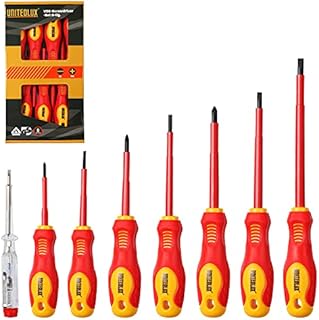 UNITEDLUX 8 Pieces VDE Insulated Screwdriver Set 1000V with Black Tip Magnetic, TPR Handle Electrician Soft-Grip Slotted Phillips and Pozi Tools with Safety Tester for Electrician Repair
