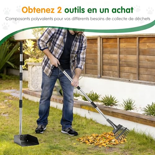 Zarevu Ramasse Crotte Chien, Pelle a Crotte pour Chien en Métal, Moyens et Petits - Ensemble Robuste avec Manche Long, bac métallique et râteau pour pelouse et Jardin – vue 2