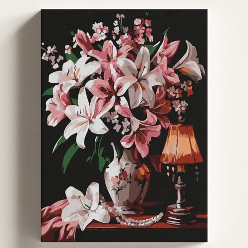 Lamba, Sayılarla Boyama Tuval Hobi Seti Vazo ve Temalı Fırça ve Boya Dahil Set (Çıtalı) 40x50 CM Kendin Yap Sayılarla Tuval Boya Kiti (Kasnaklı)