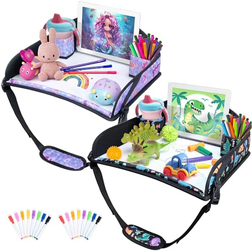 Image of AZAMIA 2Pcs Kids Travel Tray for Toddler Carseat, Road Trip Activities Essentials for Toddler, Kids Lap Desk Tray with Tablet Holder Stand & Dry Erase Board (Dinosaur & Mermaid)
