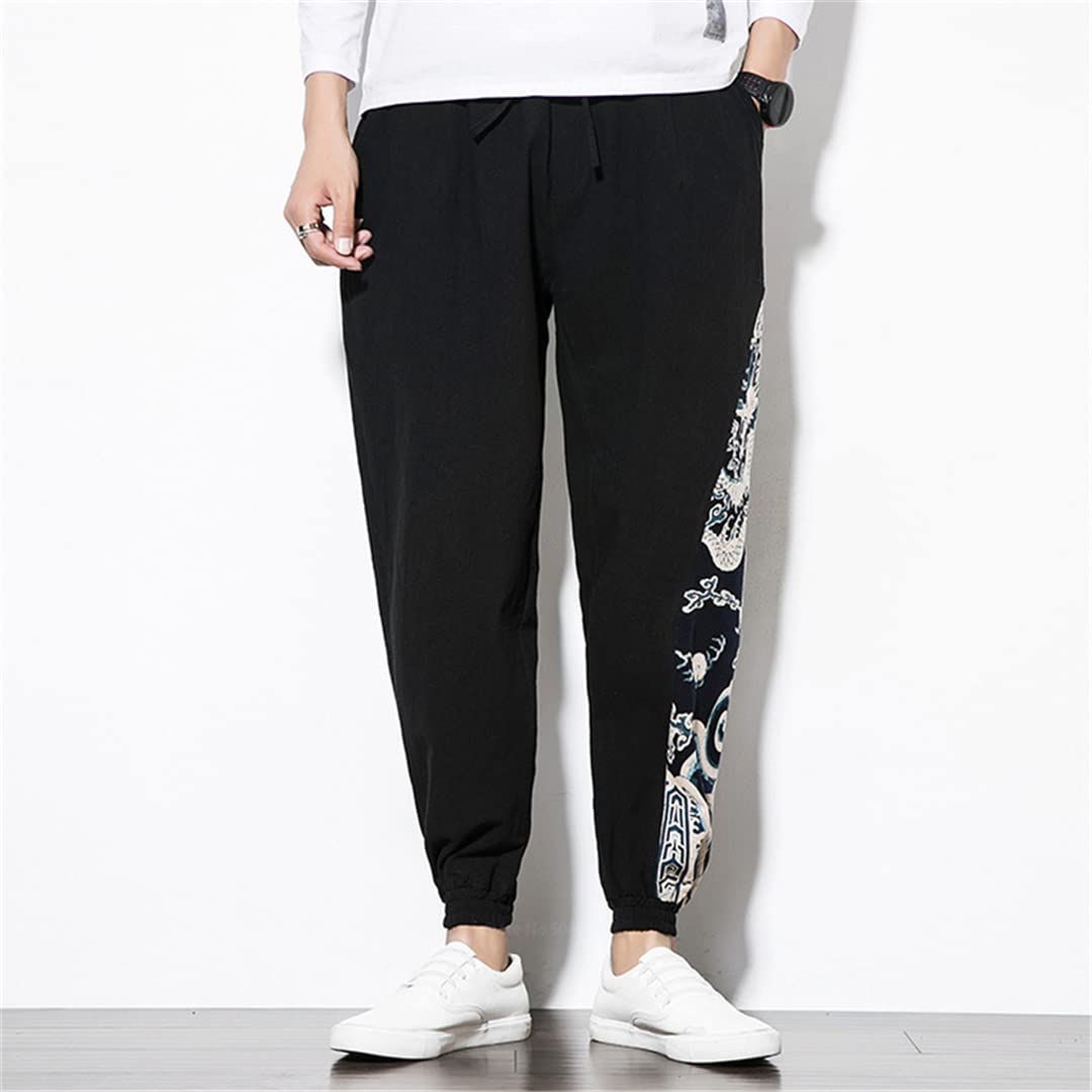 Tradizionale Stile Giapponese Haori Harem Pantaloni per gli Uomini Casual Cotone Lino Pantaloni Adulto Uomo Stampa Drago Cinese Kimono Nero 2XL
