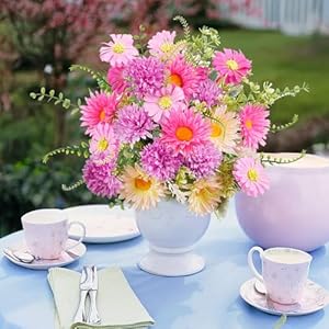 Fake Daisies Silk Flowers Wildflowers Artificial Spring Flower Bouquet Sunflowers Mixed Bush Faux Floral Arrangements Summer for Mum Home Kitchen Table Centerpiece Cemetery Decor Indoor