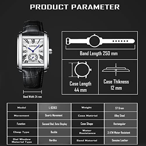 Image of LONGBO Mens Watch Rectangular Shape Alloy Case Business Casual Genuine Leather Strap Watch with Seconds Subdial | Calendar Date | Scratch Resistant Waterproof Watch for Men