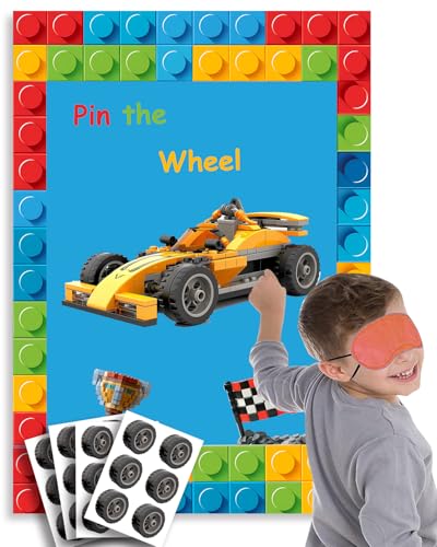 Building Blocks Party Supplies, Pin The Wheel on The Race Car Building Blocks Party Games. Race Car Games, Big Size Poster. Building Block Party Favors, Elastic Blindfolds, Stickers Edge Cut., Large