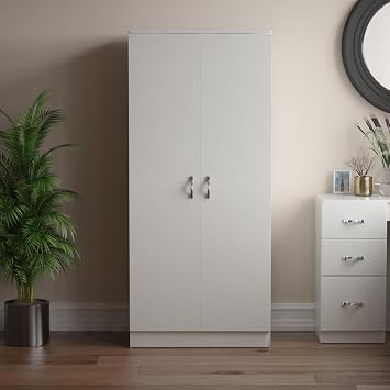 Vida Designs Riano 2 Door Wardrobe | White | Bedroom Furniture | 170H x 76W x 53D cm | with Shelf & Hanging Rail | Large Capacity Storage