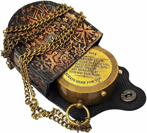 Brújula de bronce vintage con mensaje grabado personalizado, diseño náutico con cadena y estuche de cuero antiguo miniatura 5