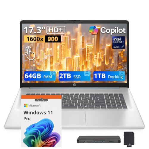 Image of HP 17.3 inch HD+ Touchscreen Laptop, Intel Core Ultra 7 255U, 64GB RAM, 3TB Storage (2TB SSD+1TB Docking Station), Intel Graphics, Backlit Keyboard, Webcam, Wi-Fi 6, Win 11 Pro, Moonlight Blue