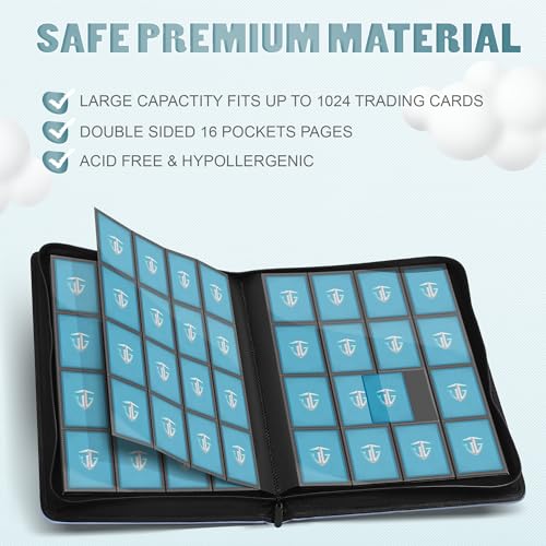 Image of 16 Pockets Trading Card Zipper Binder for 1000+ Cards| Secure Side Loading Pockets | Trading Card Album Folder | Compatible with YuGiOh, MTG,Sports Cards (Blue 16)