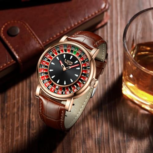 Image of LIGE Mens Roulette Wheel Watches Casino Themed Quartz Analog Watch 3ATM Waterproof Glowing Man Wrist Watches