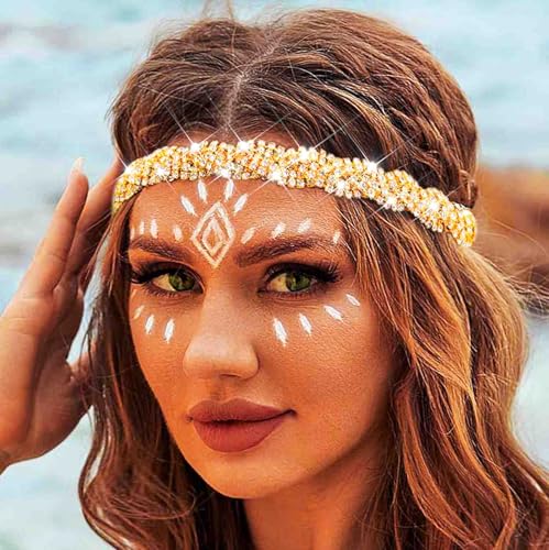 Flayem Kopfkette Gold Glänzendes Elastische Strass Stirnband Damen (Gold, 45.5cm) Flayem Kopfkette Gold Glänzendes Elastische Strass Stirnband Damen (Gold, 45.5cm)
