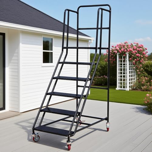 Image of 6 Step Rolling Ladder - Mobile Rolling Stairs with Wheels, Heavy Duty Industrial Safety Non-Slip Metal Rolling Ladders, 880lbs Capacity, for Warehouse, Garage, Supermarket