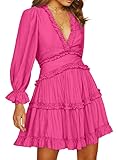 Dokotoo Womens Juniors Cute Summer Fit and Lantern Ruffle Chiffon Long Sleeve Elegant Boho Hawaiian Flowy Mini Short Skirt Party Dresses for Women Party Casual Summer 2024 Rose Hot Pink Large